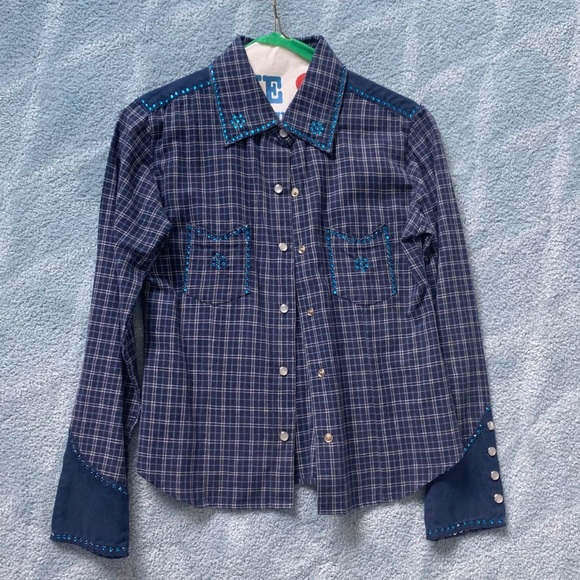 Navy plaid ls western shirt w rhinestones - Picture 1 of 3